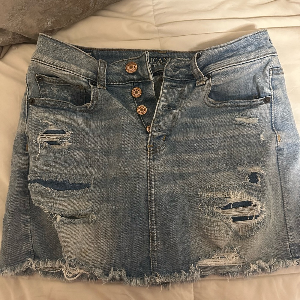 American Eagle Outfitters Light Blue Distressed Denim Mini Skirt